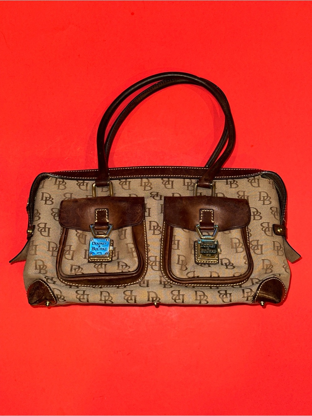 Dooney & Bourke Leather Canvas Signature Double Pocket Mini Tote Purse Y2K 2000s